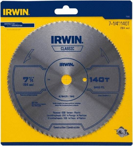 Irwin Blades - 7-1/4" Diam, 5/8" Arbor Hole Diam, 140 Tooth Wet & Dry Cut Saw Blade - High Carbon Steel, Smooth Action, Diamond Arbor - Best Tool & Supply