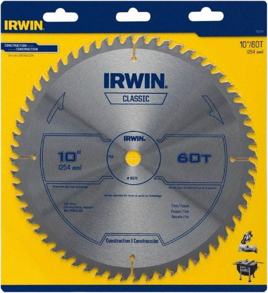 Irwin Blades - 10" Diam, 5/8" Arbor Hole Diam, 60 Tooth Wet & Dry Cut Saw Blade - Carbide-Tipped, Smooth Action, Standard Round Arbor - Best Tool & Supply