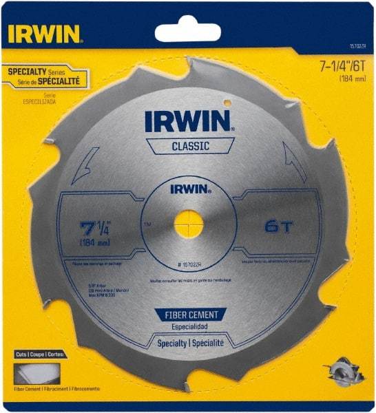 Irwin Blades - 7-1/4" Diam, 5/8" Arbor Hole Diam, 6 Tooth Wet & Dry Cut Saw Blade - Diamond-Tipped, Smooth Action, Diamond Arbor - Best Tool & Supply