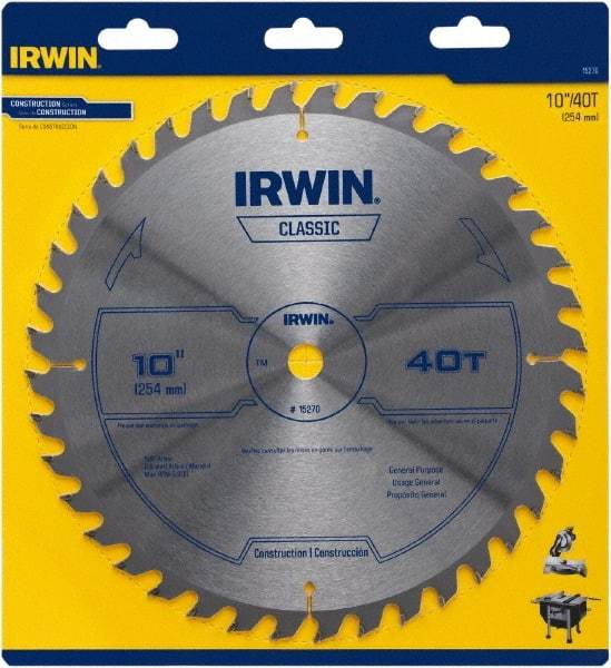 Irwin Blades - 10" Diam, 5/8" Arbor Hole Diam, 40 Tooth Wet & Dry Cut Saw Blade - Carbide-Tipped, Smooth Action, Diamond Arbor - Best Tool & Supply