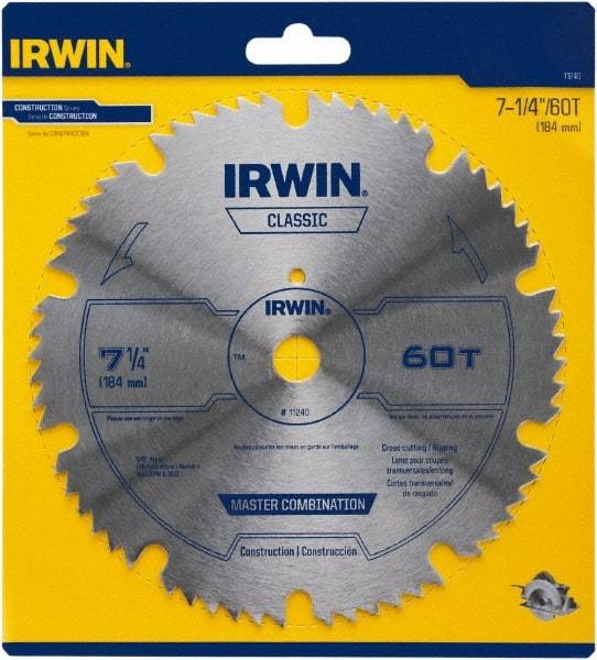 Irwin Blades - 7-1/4" Diam, 5/8" Arbor Hole Diam, 60 Tooth Wet & Dry Cut Saw Blade - High Carbon Steel, Smooth Action, Diamond Arbor - Best Tool & Supply