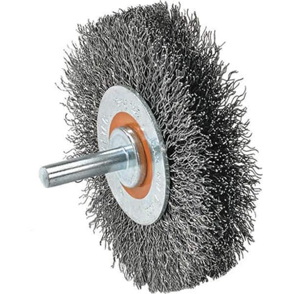 WALTER Surface Technologies - 1-3/8" OD, 1/4" Shank Diam, Crimped Stainless Steel Wheel Brush - 1/4" Face Width, 0.008" Filament Diam, 25,000 RPM - Best Tool & Supply