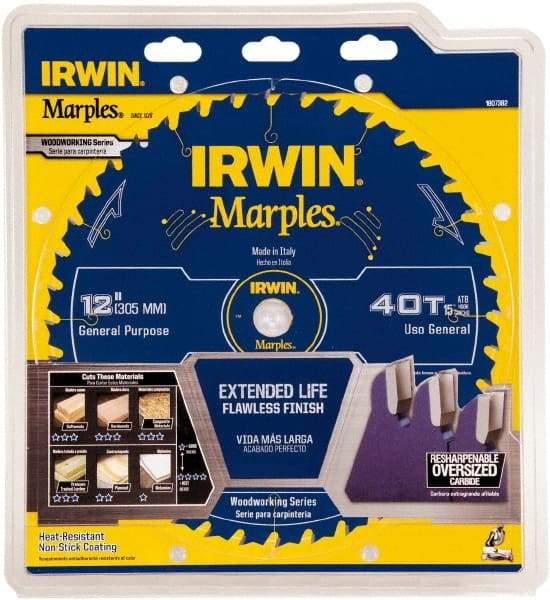 Irwin Blades - 12" Diam, 1" Arbor Hole Diam, 40 Tooth Wet & Dry Cut Saw Blade - Carbide-Tipped, Finishing Action, Standard Round Arbor - Best Tool & Supply