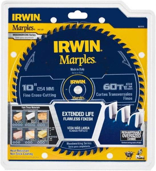 Irwin Blades - 10" Diam, 5/8" Arbor Hole Diam, 60 Tooth Wet & Dry Cut Saw Blade - Carbide-Tipped, Finishing Action, Standard Round Arbor - Best Tool & Supply