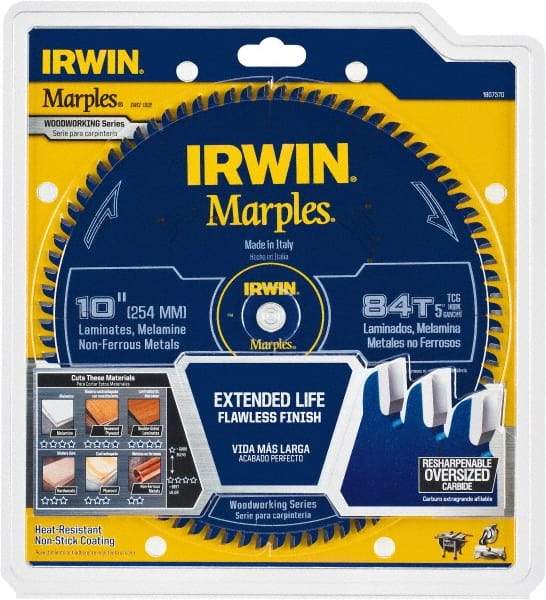 Irwin Blades - 10" Diam, 5/8" Arbor Hole Diam, 84 Tooth Wet & Dry Cut Saw Blade - Carbide-Tipped, Finishing Action, Standard Round Arbor - Best Tool & Supply