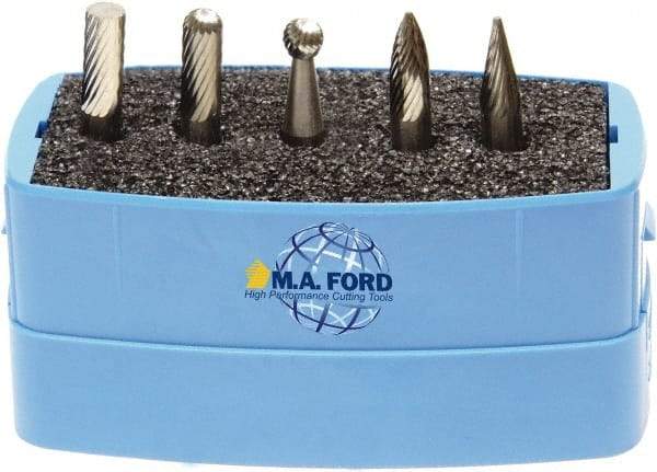 M.A. Ford - 5 Piece, 6mm Shank Burr Set - Solid Carbide, Multiple Head Shapes, 6° Included Angle - Best Tool & Supply