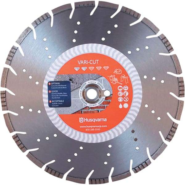 Husqvarna - 14" Diam, 25/32 & 1" Arbor Hole Diam, Continuous Edge Tooth Wet & Dry Cut Saw Blade - Diamond-Tipped, General Purpose Action, Standard Round Arbor - Best Tool & Supply