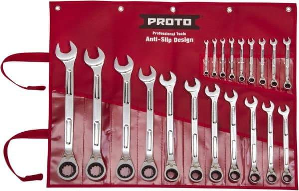 Proto - 20 Piece, 6mm to 32mm, Ratcheting Combination Wrench Set - Metric Measurement Standard, Full Polish Finish, Comes in Pouch - Best Tool & Supply