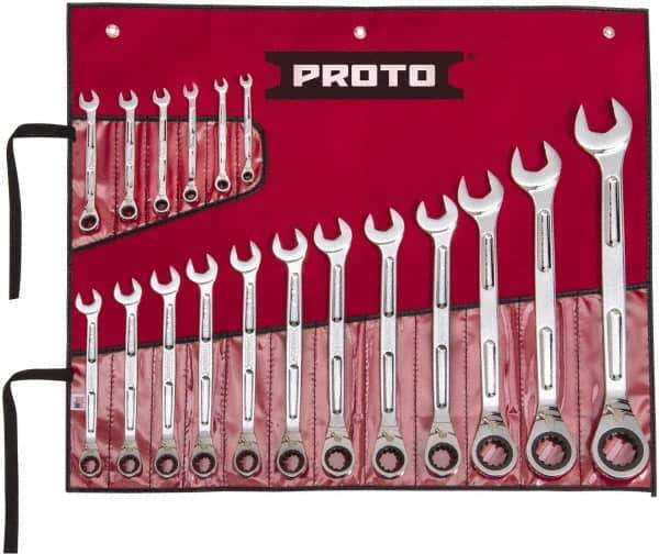 Proto - 18 Piece, 1/4" to 1-1/4", Ratcheting Combination Wrench Set - Inch Measurement Standard, Full Polish Finish, Comes in Pouch - Best Tool & Supply