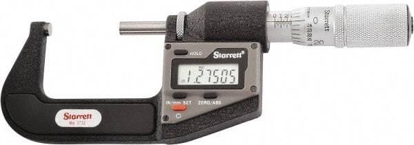 Starrett - 25.4 to 50.8 mm Range, 0.0001" Resolution, Standard Throat, Electronic Outside Micrometer - 0.0001" Accuracy, Friction Thimble, Micro Lapped Carbide Face, CR2450 Battery, Includes 3V Battery - Best Tool & Supply