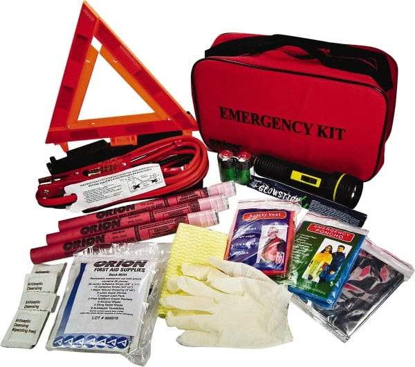 ORION Safety - 79 Piece, Emergency Roadside Safety Kit - Emergency Flares, Reflective Triangle, Flashlight, Batteries, Lightstick, Vest, Poncho, Shop Cloth, Jumper Cable, Multi-Tool, Thermal Blanket, Toweletes & First Aid Supplies - Best Tool & Supply