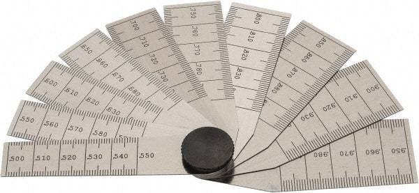 Starrett - 1/2 to 1 Inch Measurement, 10 Leaf Taper Gage - 2-3/4 Inch Long, Tempered Steel, 0.001 Inch Graduation - Best Tool & Supply