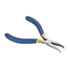 Irwin - 5" OAL, 1-1/4" Jaw Length x 9/16" Jaw Width, Long Nose Needle Nose Pliers - Serrated Jaw, Curved Head, Dipped Vinyl Handles, with Spring - Best Tool & Supply