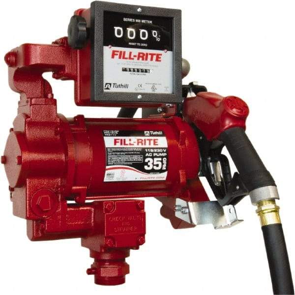 Tuthill - 35 GPM, 1" Hose Diam, Gasoline, Kerosene & Diesel Fuel AC High Flow Tank Pump with Auto Nozzle & 901 Meter - Cast Iron Pump, 1-1/4" Inlet, 1" Outlet, 115/230 Volts, 18' Hose Length, 3/4 hp - Best Tool & Supply