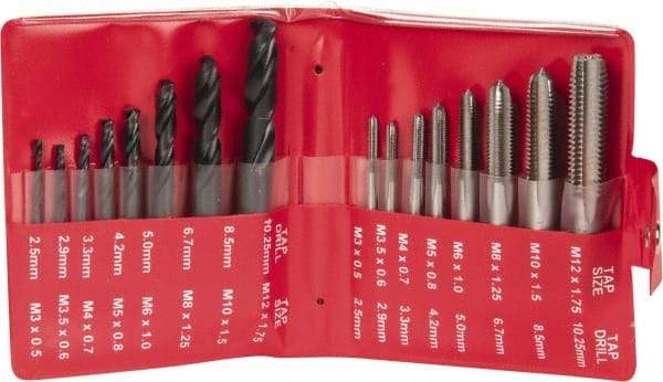 Hertel - 2.50 to 10.25mm Drill, M3x0.50 to M12x1.75 Tap, Hand Tap and Drill Set - Bright Finish High Speed Steel Drills, Bright Finish High Speed Steel Taps, Plug Chamfer, 16 Piece Set - Exact Industrial Supply