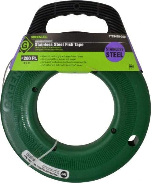 Greenlee - 200 Ft. Long x 1/8 Inch Wide, 0.045 Inch Thick, Stainless Steel Fish Tape - 400 Lb. Pulling Strength, Includes Case - Best Tool & Supply