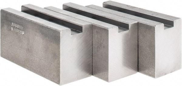 Abbott Workholding Products - 1.5mm x 60° Serrated Attachment, Square Soft Lathe Chuck Jaw - 3 Jaws, Steel, 63/64" Btw Mount Hole Ctrs, 4" Long x 1-1/2" Wide x 2" High, 0.5512" Groove, 0.4724" & 12mm Fastener - Best Tool & Supply