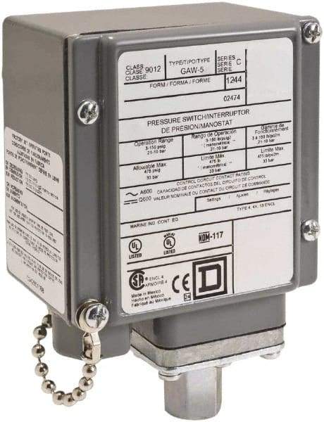 Square D - 4, 13 and 4X NEMA Rated, SPDT, 90 to 2,900 psi, Electromechanical Pressure and Level Switch - Fixed Pressure, 120 VAC at 6 Amp, 125 VDC at 0.22 Amp, 240 VAC at 3 Amp, 250 VDC at 0.27 Amp, 0.44 Inch Connector, Screw Terminal, For Use with 9012G - Best Tool & Supply