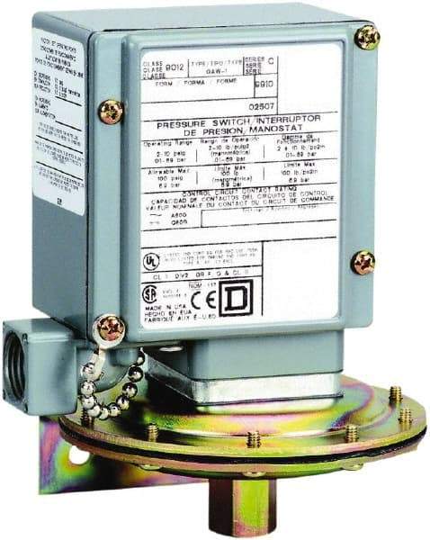 Square D - 4, 13 and 4X NEMA Rated, SPDT, 0.2 to 10 psi, Electromechanical Pressure and Level Switch - Fixed Pressure, 120 VAC at 6 Amp, 125 VDC at 0.22 Amp, 240 VAC at 3 Amp, 250 VDC at 0.27 Amp, 1/4 Inch Connector, Screw Terminal, For Use with 9012G - Best Tool & Supply