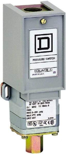 Square D - 1 NEMA Rated, SPDT, 3 to 150 psi, Electromechanical Pressure and Level Switch - Fixed Pressure, 120 VAC at 6 Amp, 125 VDC at 0.22 Amp, 240 VAC at 3 Amp, 250 VDC at 0.27 Amp, 1/4 Inch Connector, Screw Terminal, For Use with 9012G - Best Tool & Supply