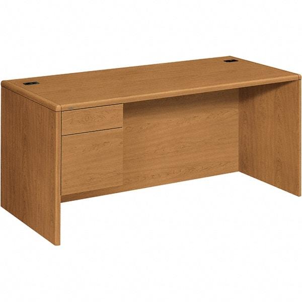 Hon - High-Pressure Laminate Left Pedestal Desk with Center Drawer - 66" Wide x 30" Deep x 29-1/2" High, Harvest - Best Tool & Supply