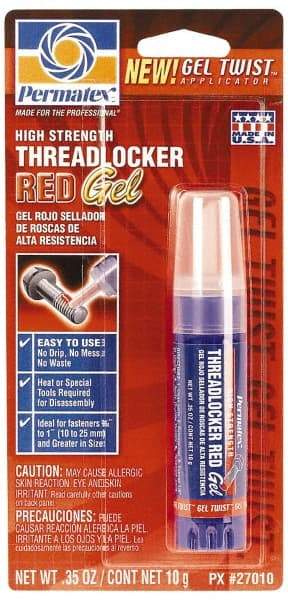 Permatex - 10 Gal Tube, Red, High Strength Gel Threadlocker - Series 270, 24 hr Full Cure Time, Hand Tool, Heat Removal - Best Tool & Supply