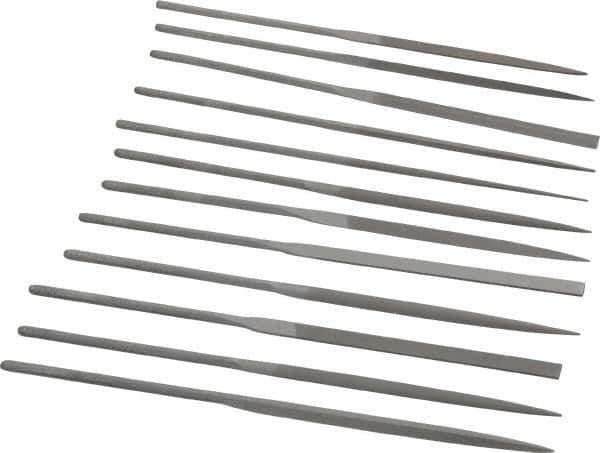 Grobet - 12 Piece Swiss Pattern File Set - 5-1/2" Long, 0 Coarseness, Set Includes Barrette, Crossing, Equalling, Half Round, Knife, Marking, Round, Round Edge Joint, Slitting, Square, Three Square, Warding - Best Tool & Supply