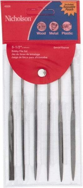 Nicholson - 6 Piece American Pattern File Set - 5-1/2" Long, Fine Coarseness, Set Includes Equalling, Flat, Half Round, Round, Square, Three Square - Best Tool & Supply