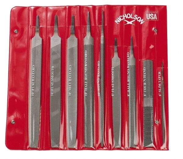 Nicholson - 9 Piece American Pattern File Set - 6", 8", 10" Long, Bastard/Smooth Coarseness, Set Includes Flat, Half Round, Mill, Round, Slim Taper - Best Tool & Supply