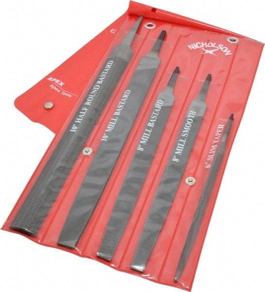 Nicholson - 5 Piece American Pattern File Set - 6", 8", 10" Long, Bastard/Smooth Coarseness, Set Includes Half Round, Mill, Slim Taper - Best Tool & Supply