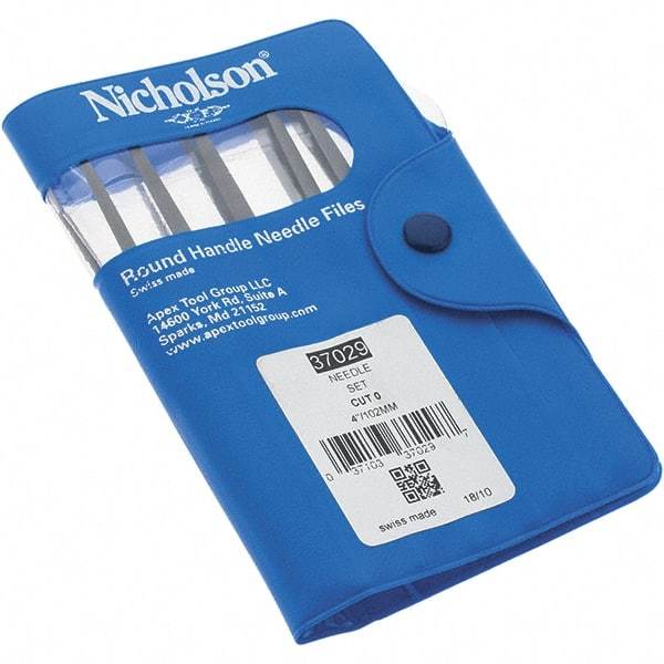 Nicholson - 12 Piece Swiss Pattern File Set - 4" Long, 0 Coarseness, Round Handle, Set Includes Barrette, Crossing, Equalling, Flat, Half Round, Knife, Round, Slitting, Square, Three Square - Best Tool & Supply