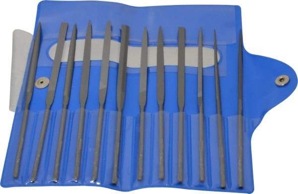 Nicholson - 12 Piece Swiss Pattern File Set - 5-1/2" Long, 4 Coarseness, Round Handle, Set Includes Barrette, Crossing, Equalling, Flat, Half Round, Knife, Round, Slitting, Square, Three Square - Best Tool & Supply