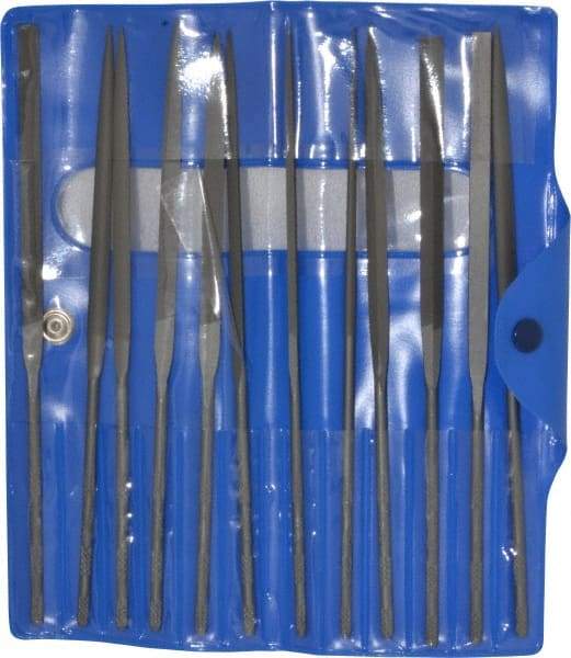 Nicholson - 12 Piece Swiss Pattern File Set - 6-1/4" Long, 0 Coarseness, Round Handle, Set Includes Barrette, Crossing, Equalling, Flat, Half Round, Knife, Round, Slitting, Square, Three Square - Best Tool & Supply