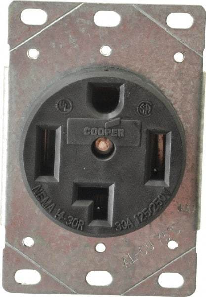 Cooper Wiring Devices - 125/250 VAC, 30 Amp, 14-30R NEMA Configuration, Black, Specification Grade, Ungrounded Single Receptacle - 1 Phase, 3 Poles, 3 Wire, Flush Mount, Corrosion Resistant - Best Tool & Supply