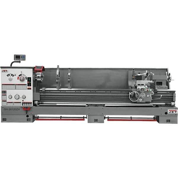 Jet - 26" Swing, 120" Between Centers, 230 Volt, Triple Phase Engine Lathe - 6MT Taper, 10 hp, 40 to 1,800 RPM, 4-1/8" Bore Diam, 43" Deep x 57" High x 177" Long - Best Tool & Supply