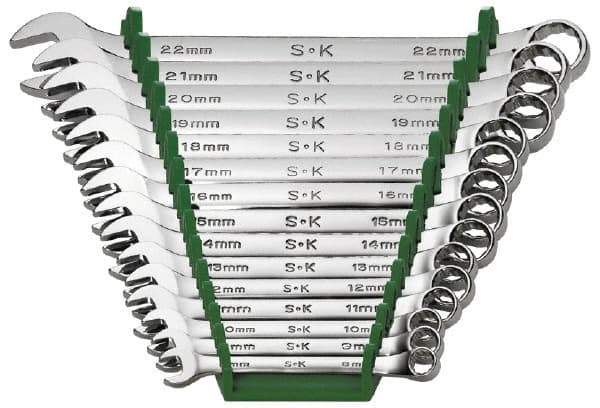 SK - 15 Piece, 8 to 22mm, Combination Wrench Set - Metric System of Measurement, Chrome Finish, Comes in Rack - Best Tool & Supply