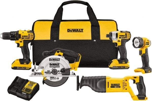 DeWALT - 20 Volt Cordless Tool Combination Kit - Includes 1/2" Compact Drill/Driver, 1/4" Impact Driver, Reciprocating Saw, 6-1/2 Circular Saw & LED Worklight, Lithium-Ion Battery Included - Best Tool & Supply