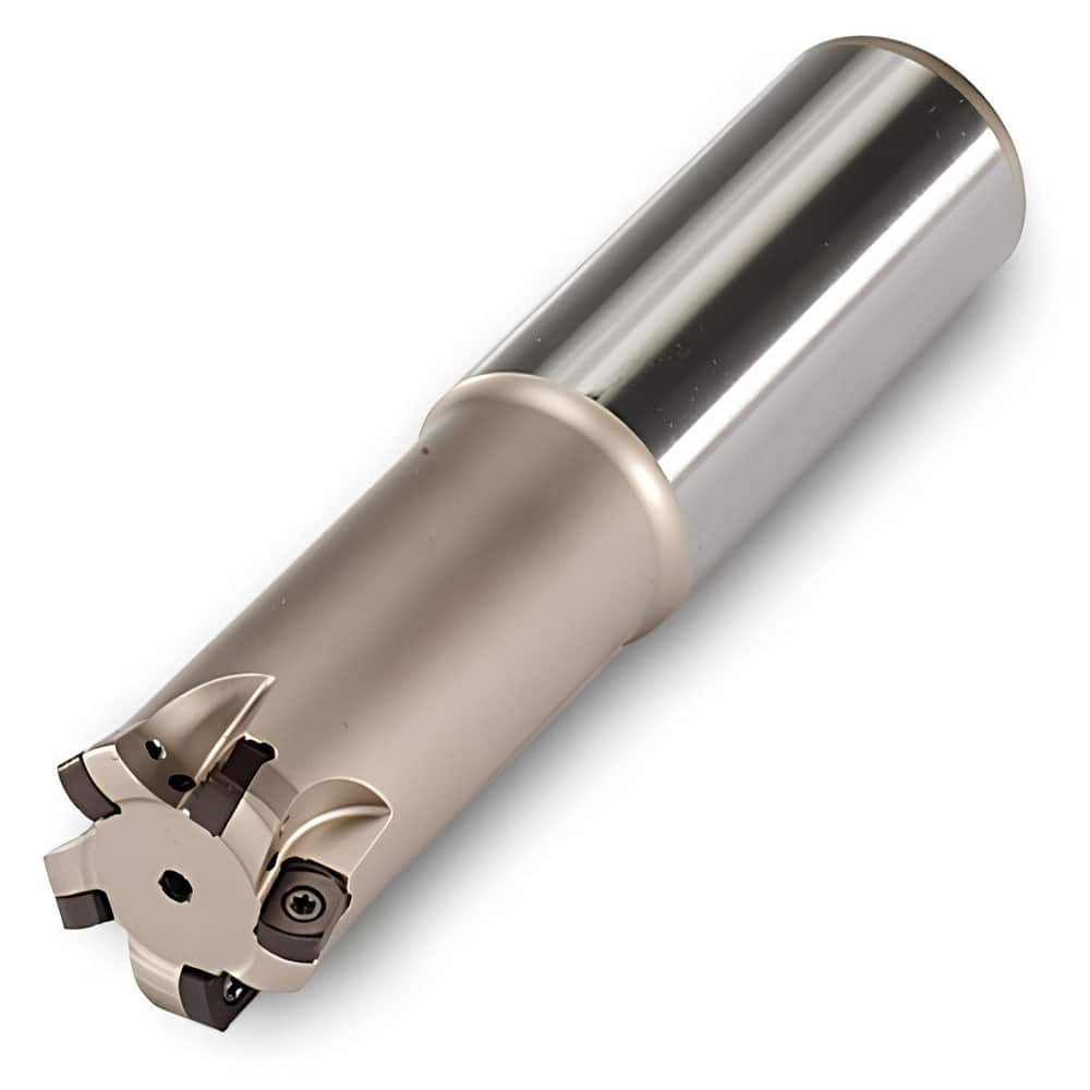 Indexable High-Feed End Mill: 7/8″ Cut Dia, 0.8465″ Cylindrical Shank Uses 3 UNLU Inserts, 0.043″ Max Depth, 7-3/4″ OAL, Through Coolant