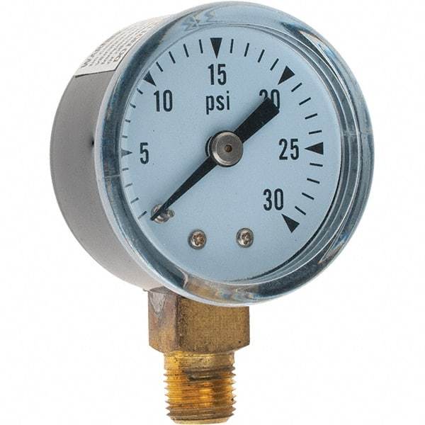 Value Collection - 1-1/2" Dial, 1/8 Thread, 0-30 Scale Range, Pressure Gauge - Lower Connection Mount - Best Tool & Supply