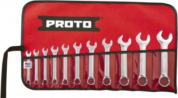 Proto - 11 Piece, 1/4" to 3/4", 12 Point Extra Short Combination Wrench Set - Inch Measurement Standard, Full Polish Chrome Finish, Comes in Tool Roll - Best Tool & Supply