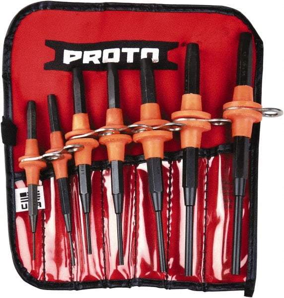 Proto - 7 Piece, 1/16 to 1/4", Tethered Pin Punch Set - Straight Shank, Comes in Nylon Roll - Best Tool & Supply