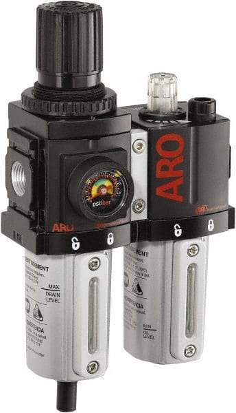 ARO/Ingersoll-Rand - 3/8" NPT Port Compact 2 Piece Filter/Regulator-Lubricator FRL Unit - Metal Bowl, 71 SCFM, 250 Max psi, 8.15" High x 4.409" Long, Manual Drain - Best Tool & Supply