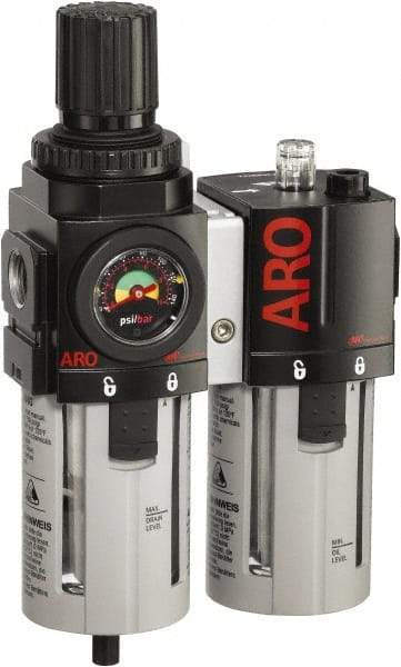 ARO/Ingersoll-Rand - 3/8" NPT Port Standard 2 Piece Filter/Regulator-Lubricator FRL Unit - Polycarbonate Bowl, 96 SCFM, 150 Max psi, 9.95" High x 5.724" Long, Manual Drain - Best Tool & Supply