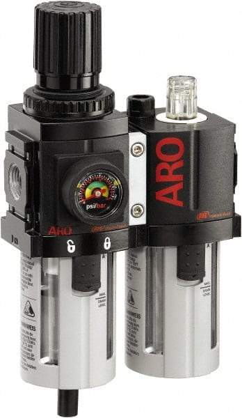 ARO/Ingersoll-Rand - 3/8" NPT Port Compact 2 Piece Filter/Regulator-Lubricator FRL Unit - Polycarbonate Bowl, 71 SCFM, 150 Max psi, 8.15" High x 4.409" Long, Automatic Drain - Best Tool & Supply