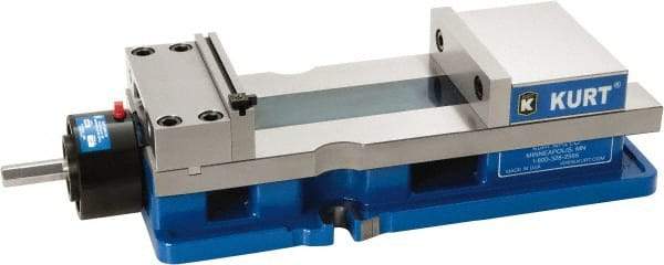 Kurt - 6" Jaw Width, 9" Jaw Opening Capacity, Horizontal Stationary Machine Vise - Reverse Hydraulic Operation, 1 Station, 20.553" Long x 4.86" High x 1-47/64" Deep, 1.735" Jaw Height, 5,250 Lb Max Clamp Force, Ductile Iron - Best Tool & Supply