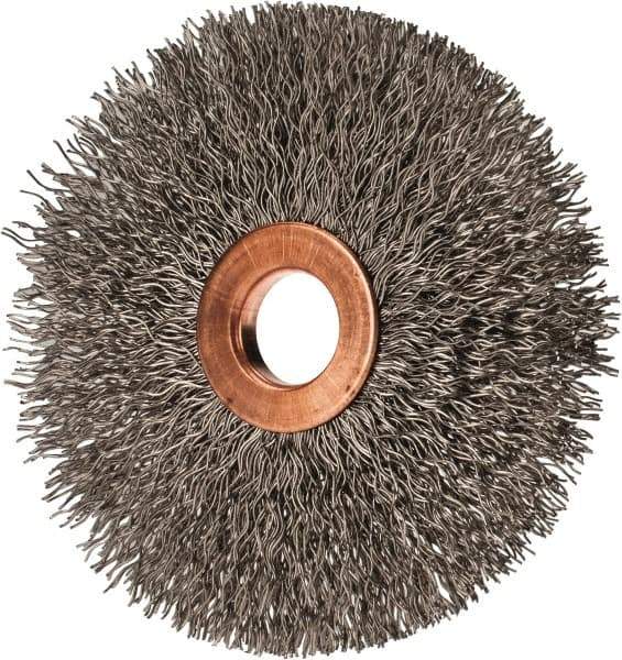 Value Collection - 3" OD, 1/2" Arbor Hole, Crimped Stainless Steel Wheel Brush - 3/8" Face Width, 1" Trim Length, 0.012" Filament Diam, 15,000 RPM - Best Tool & Supply