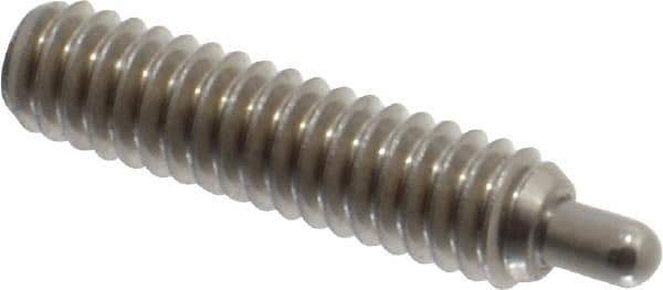 Vlier - 1/4-20, 1" Thread Length, 3/16" Plunger Projection, Stainless Steel Threaded Spring Plunger - 0.117 - 0.118" Max Plunger Diam, 1" Plunger Length, 3 Lb Init End Force, 13 Lb Final End Force, 0.079" Hex - Best Tool & Supply