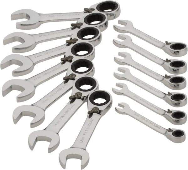 Paramount - 13 Piece, 6mm to 19mm, Stubby Ratcheting Reversible Combination Wrench Set - Metric Measurement Standard, Full Polish Chrome Finish, Comes in Blow Molded Case - Best Tool & Supply