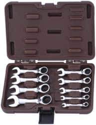 Paramount - 9 Piece, 1/4" to 3/4", Stubby Ratcheting Reversible Combination Wrench Set - Inch Measurement Standard, Full Polish Chrome Finish, Comes in Blow Molded Case - Best Tool & Supply