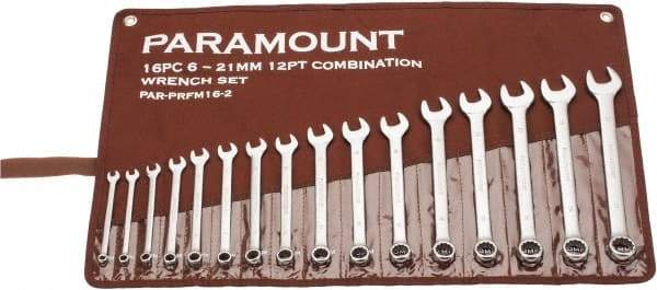 Paramount - 16 Piece, 6mm to 21mm, Combination Wrench Set - Metric Measurement Standard, Satin Chrome Finish, Comes in Canvas Roll - Best Tool & Supply